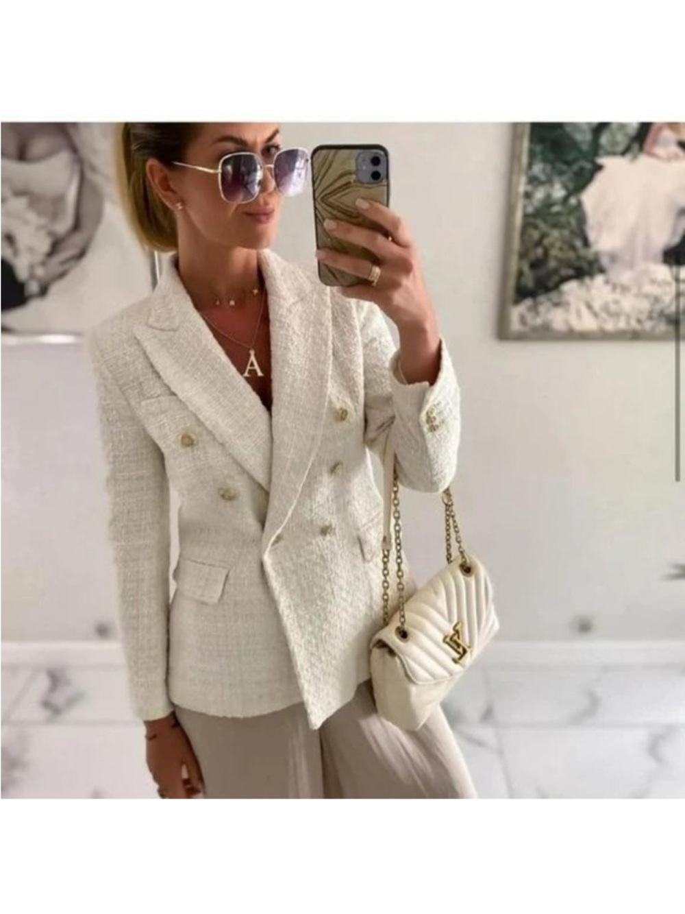 ZARA IVORY DOUBLE BREASTED TEXTURED WEAVE TWEED BLAZER JACKET XS - Picture 5 of 14